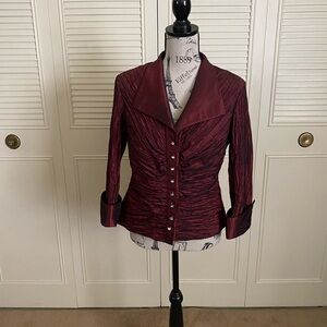 Cachet burgundy button dress blazer jacket blouse top ruched shirred
